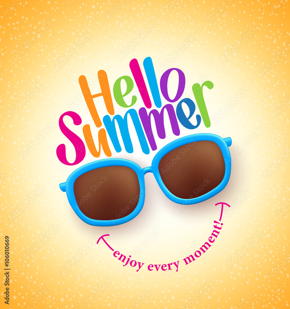Naklejka premium Summer Shades with Hello Summer Happy Colorful Concept in Cool Yellow Background for Summer Season. Vector Illustration 