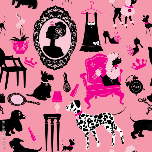 Seamless pattern with glamour accessories, furniture, girl portr photo