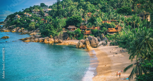 Panoramic view of tropical beach with coconut palm trees. Koh Samui, Thailand photo