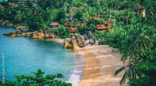 Panoramic view of tropical beach with coconut palm trees. Koh Samui, Thailand