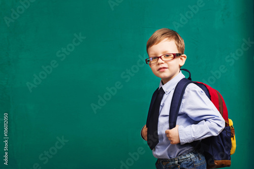 Fotografie little Boy in eyeglasses with big backpack
