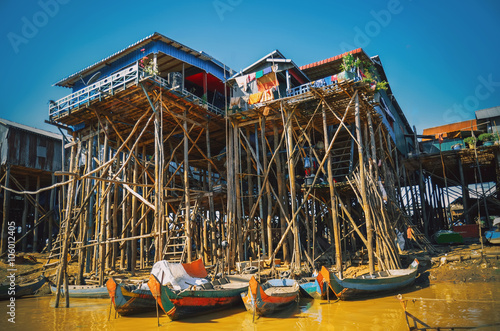 Homes on stilts on the floating village of Kampong Phluk, Tonle Sap lake,Siem Reap province, Cambodia