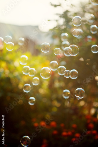 The rainbow bubbles from the bubble blower in sunlight. Bubbles background