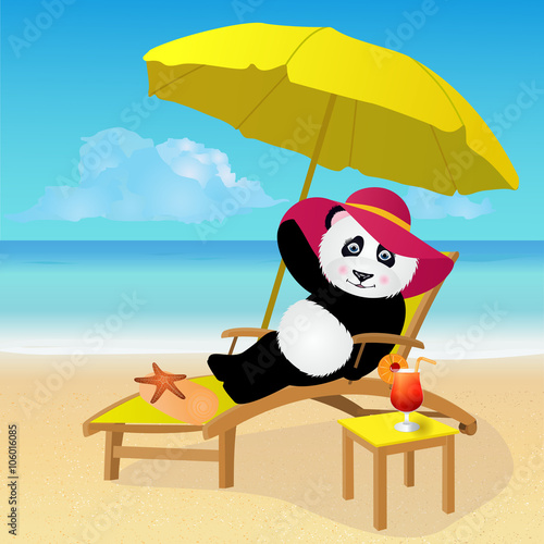Cartoon panda bear sunbathing on tropical beach.