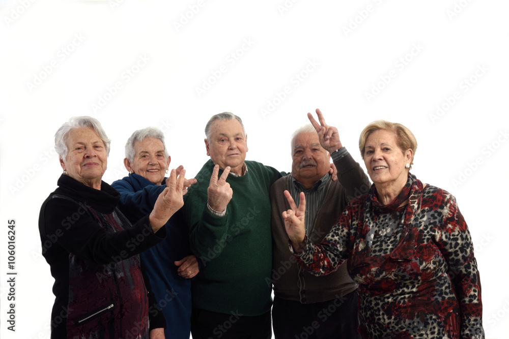 Group of senior people with victory sign Group of senior people with victory sign