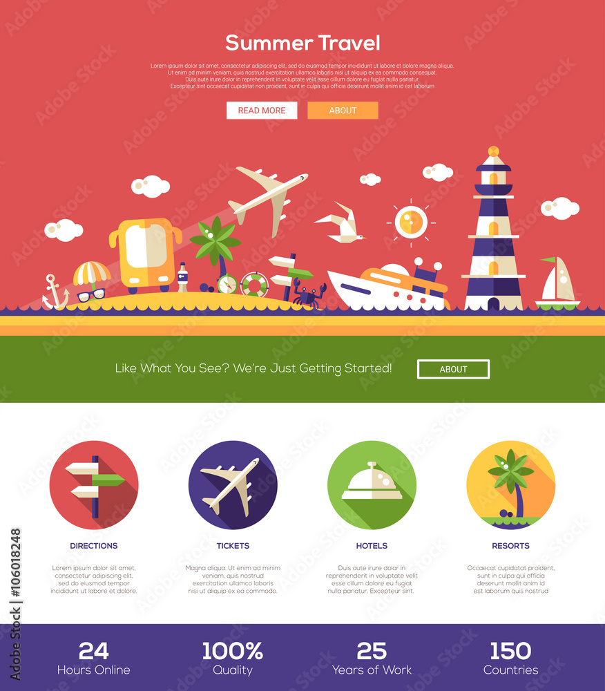 Summer travel website header banner with webdesign elements