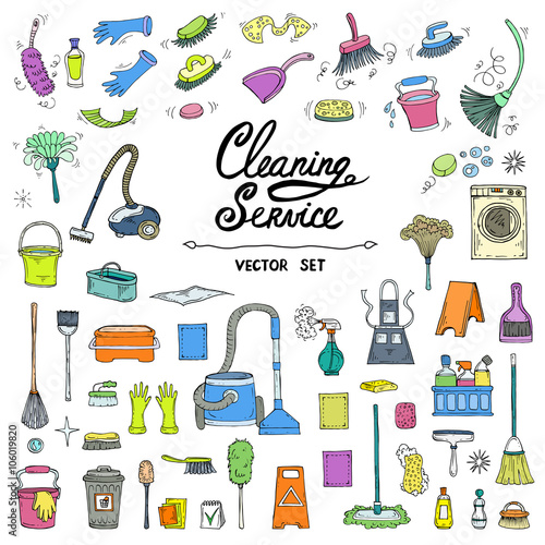 Vector set with hand drawn, isolated and colored doodles of clea