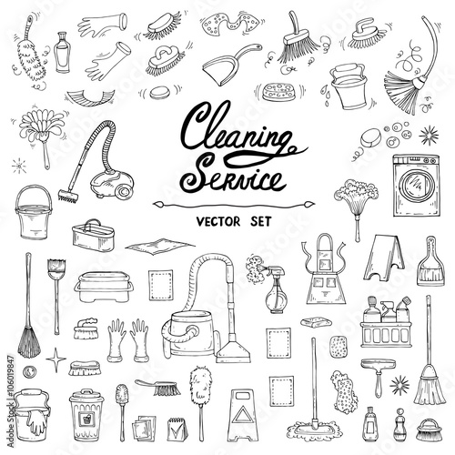 Vector set with hand drawn, isolated doodles of cleaning service