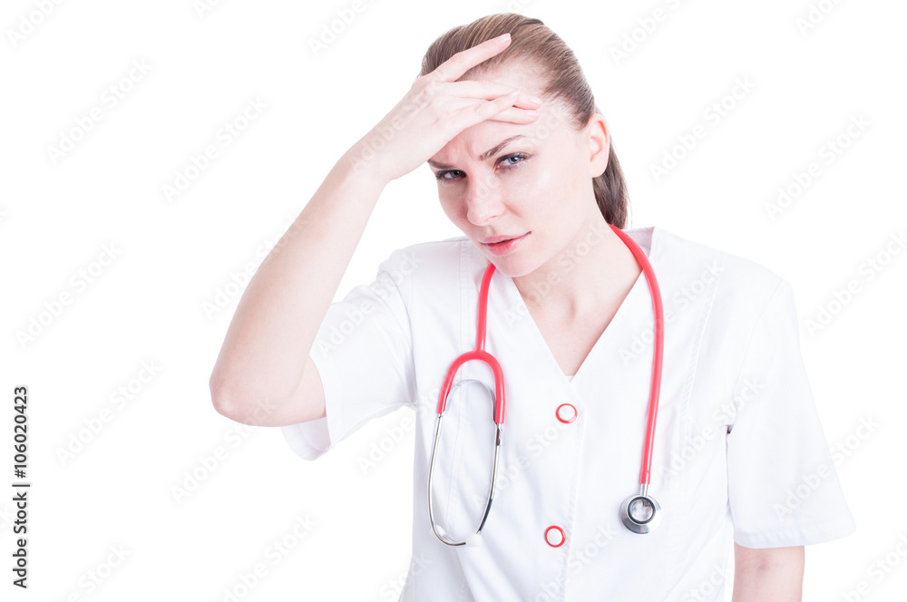 Woman doctor with head pain looking tired and suffer Woman doctor with head pain looking tired and suffer