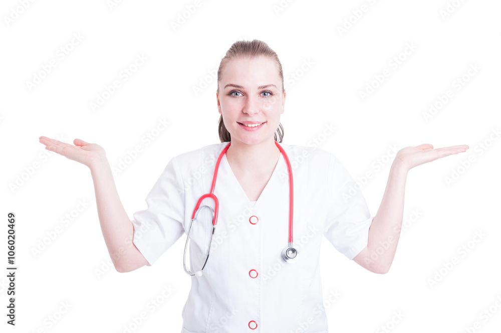 Smiling happy doctor standing with hands up