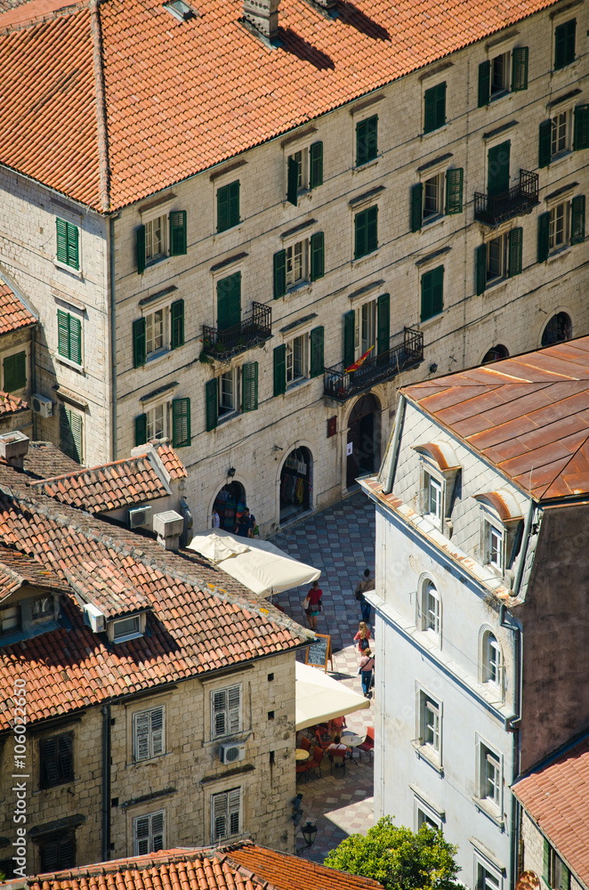 Kotor rooftops of the old town. Old town of Kotor and Boka Kotorska bay in Montenegro
