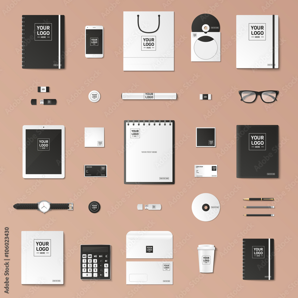 Corporate identity template set. Business stationery mock-up with logo. Branding design. Notebook, card, catalog, pen, pencil, badge, tablet pc, mobile phone, letterhead. Corporate identity template set. Business stationery mock-up with logo. Branding design. Notebook, card, catalog, pen, pencil, badge, tablet pc, mobile phone, letterhead.