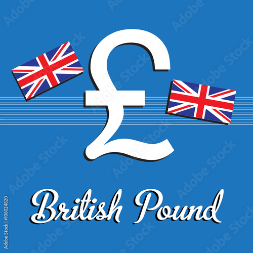 Abstract colorful illustration with the British pound symbol and two small flags of United Kingdom