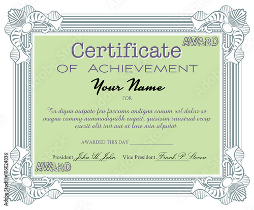 Isolated certificate with the text certificate of achievement written with various letters. Certificate sample