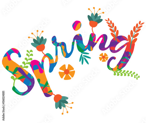 Spring word in flat design with leaves and colorful flowers. EPS 10 vector.