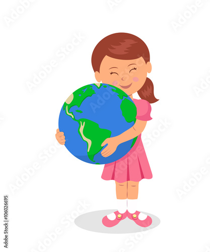 The child and the Earth: Little girl hugging the earth on a white background. The design concept of Earth Day. Love for the Earth and care for the environment.