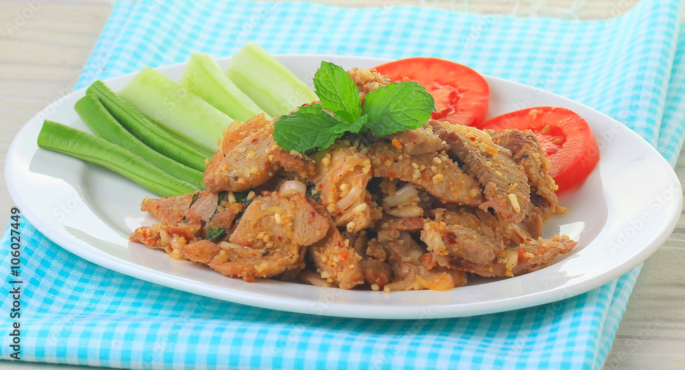 Thailand food, pork falls With mint and vegetables Thailand food, pork falls With mint and vegetables