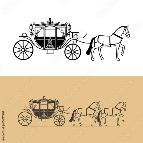 Obraz na płótnie Carriage silhouette with horse. Vector horse carriage silhouette
