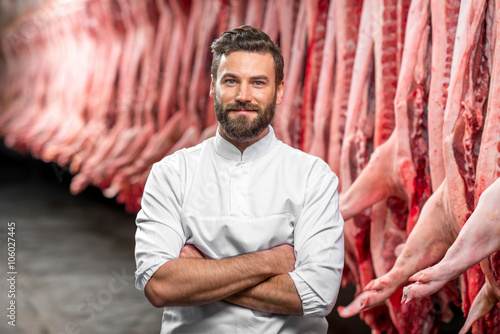 Photos Portrait of a handsome butcher in white uniform at the meat manufacturing with p