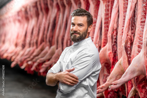 Portrait of a handsome butcher in white uniform at the meat manufacturing with pork carcasses on the background photo