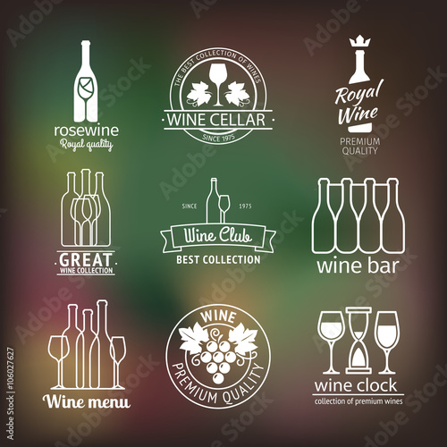 Wine club and restaurant emblems and labels set on blurred background. Vector wine club logo