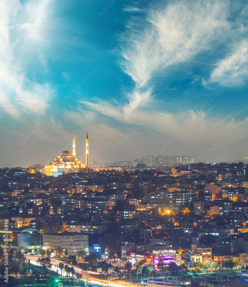 Istanbul night aerial view with city mosques