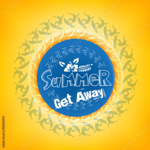 Summer Get Away Title in a Round Blue Color with a Surfers including White Flower including Orange Background. Vector Illustration
