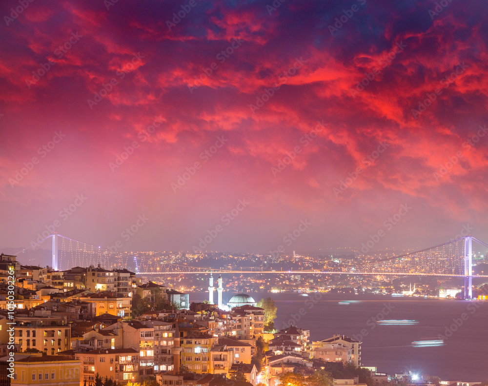 Istanbul at night. Beautiful sunset city skyline