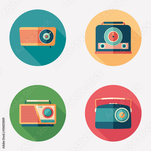 Colorful retro radio flat round icon set.