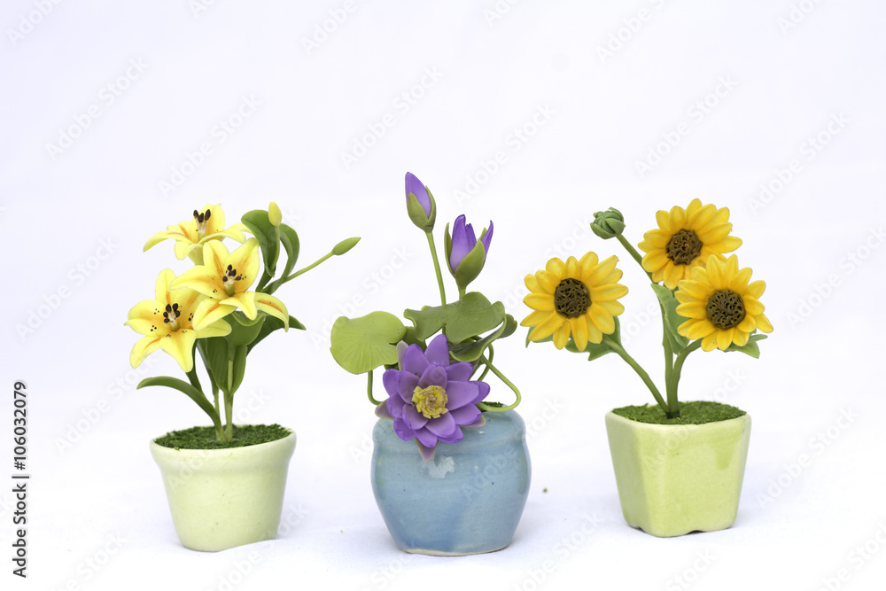 Artificial flowers on a white background