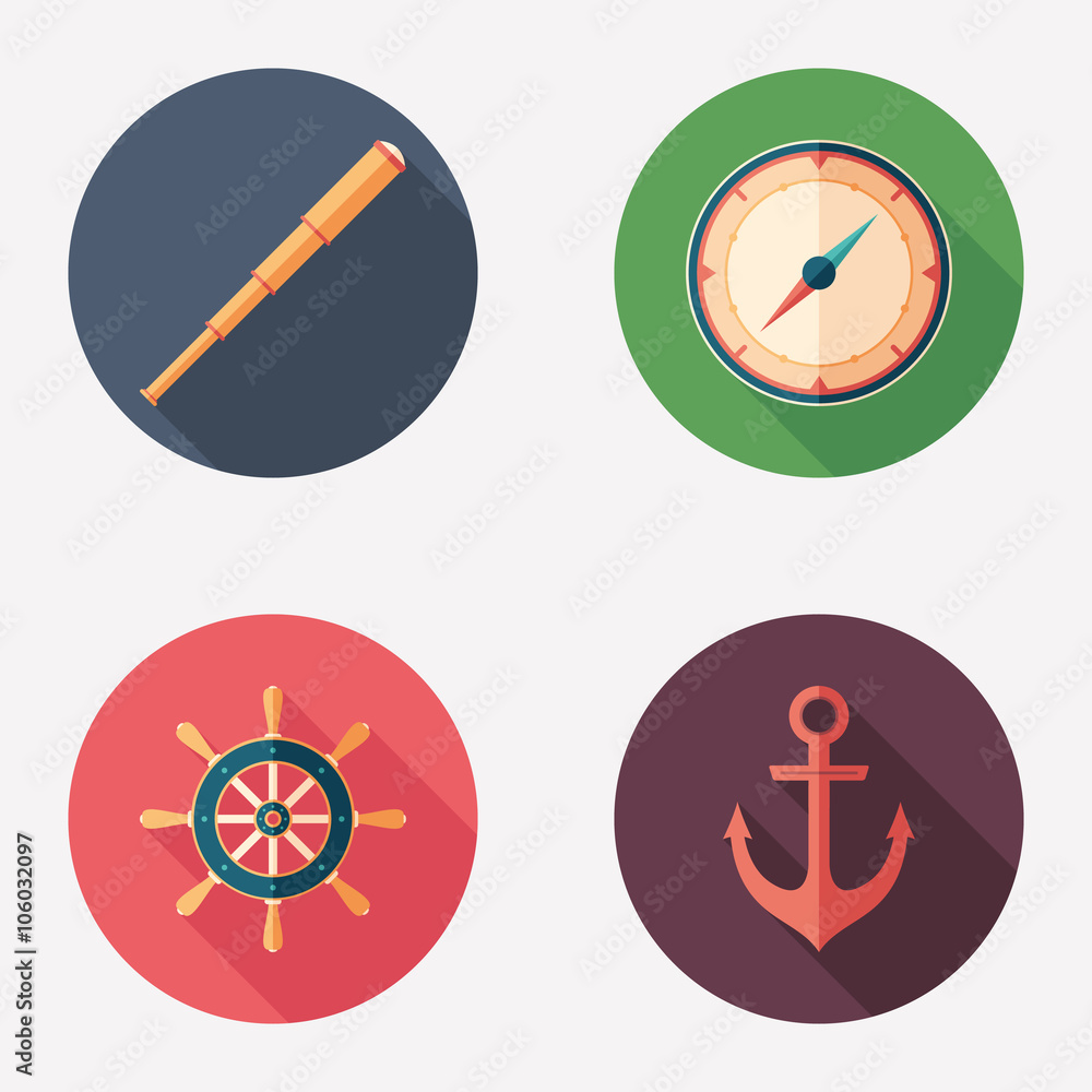 Marine navigation flat round icon set. Marine navigation flat round icon set.