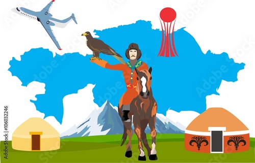 Kazakh nomad on horse with hunter bird eagle, kazakhstan map on background