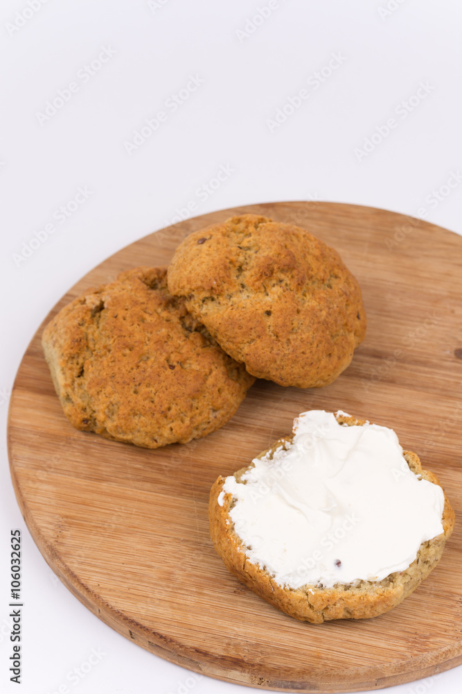 Bread with cream cheese isolated on white background