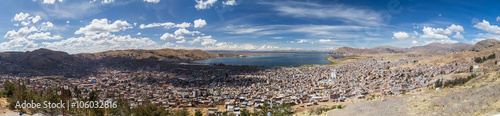 Aerial Panorama of Puno and Lake Titicaca from Mirador El Condor,  Peru © amadeustx