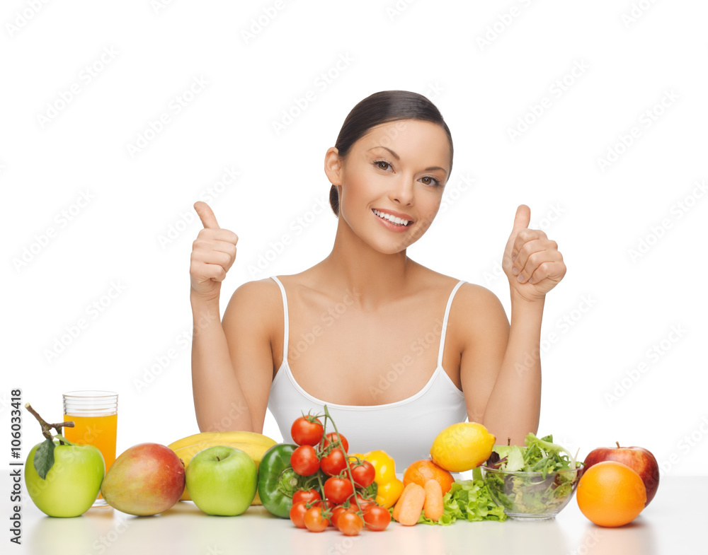 happy woman with fruits and vegetables happy woman with fruits and vegetables