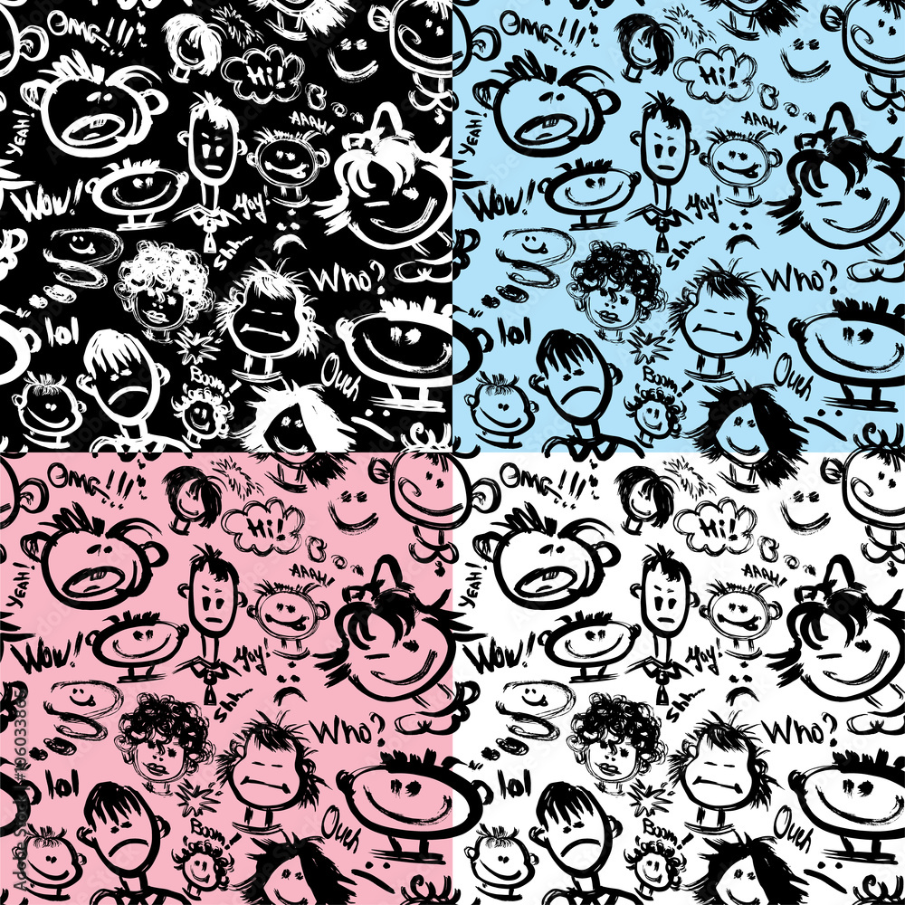Fototapeta premium Set of seamless patterns. Cartoon faces with different emotions.