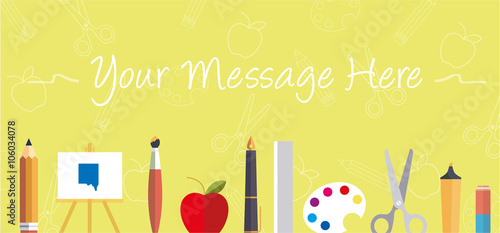 Cartolina per la scuola con oggetti di cancelleria 