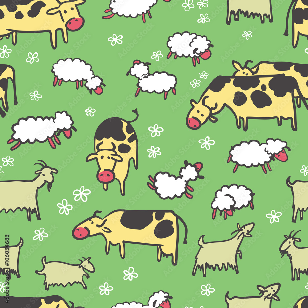 Fototapeta premium Farm livestock vector illustration, Seamless pattern with cow, sheep and goat