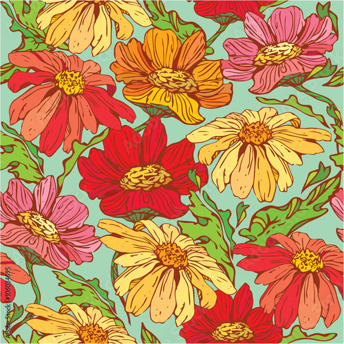 Floral Seamless Pattern with hand drawn flowers - camomile on bl