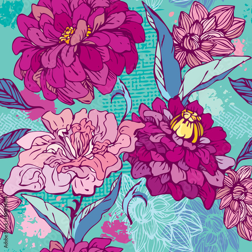 Floral Seamless Pattern with hand drawn flowers -  chrysanthemum