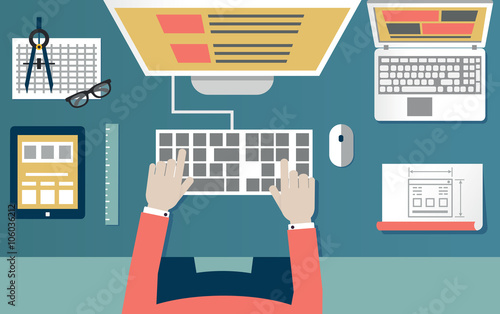 Vector flat illustration of process programming and coding. Web development and equipment