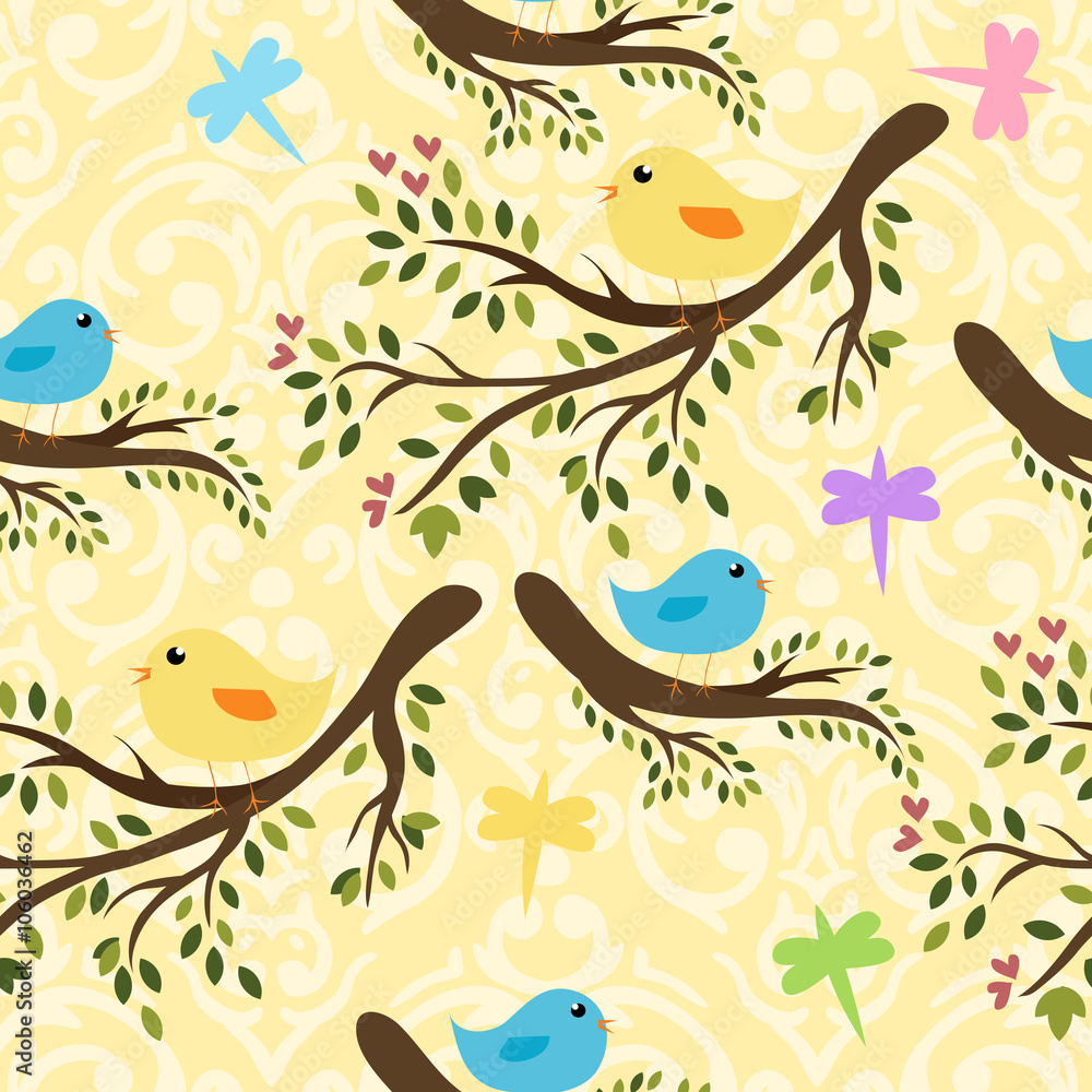Vector seamless pattern with cute birdies