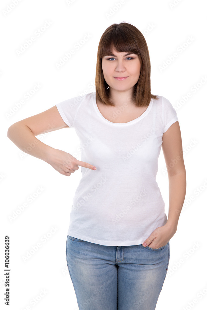 happy plus size woman pointing on blank white t-shirt isolated o happy plus size woman pointing on blank white t-shirt isolated o