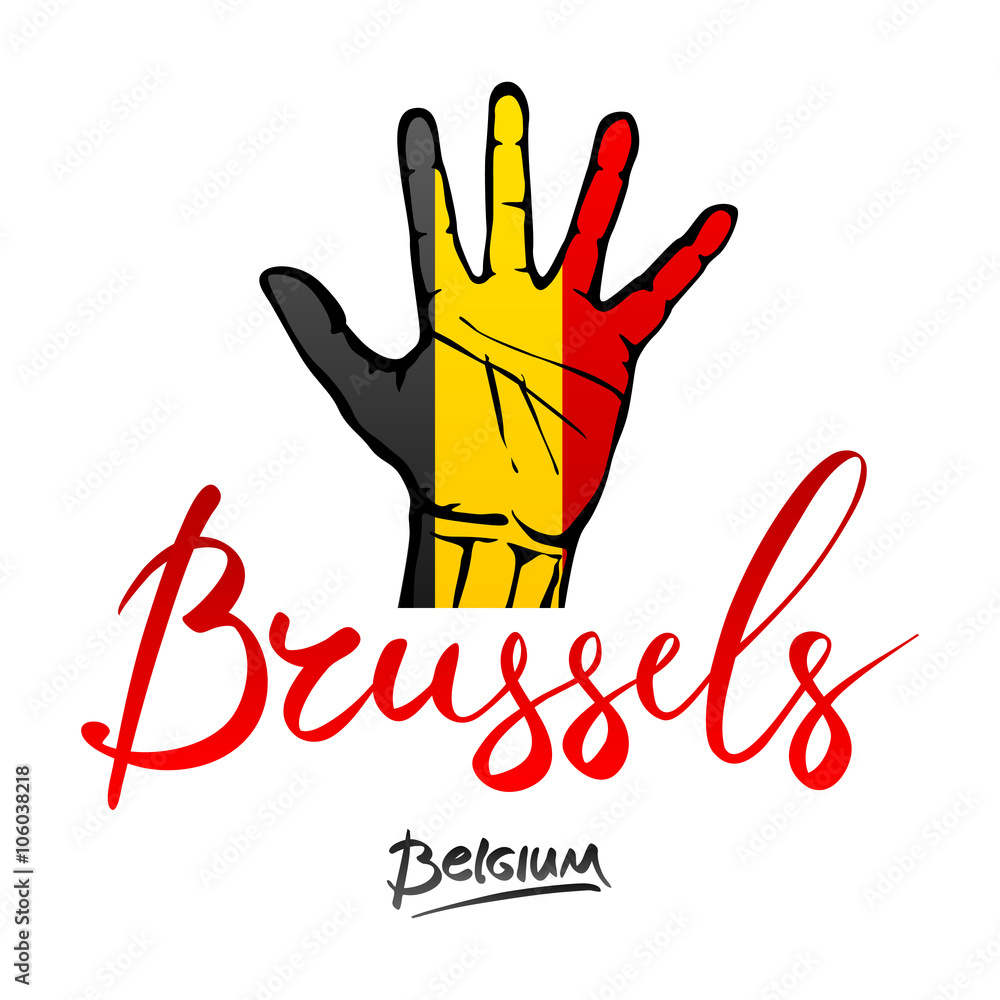 Obraz premium Open hand painted Belgium flag painted. lettering hand-written Belgium, Brusselse