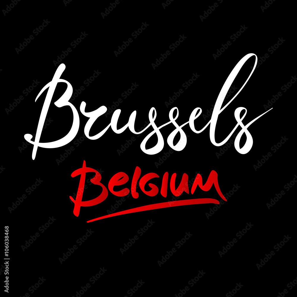 Belgium, Brussels, hand-lettered Country and Capital, handmade calligraphy, vector
