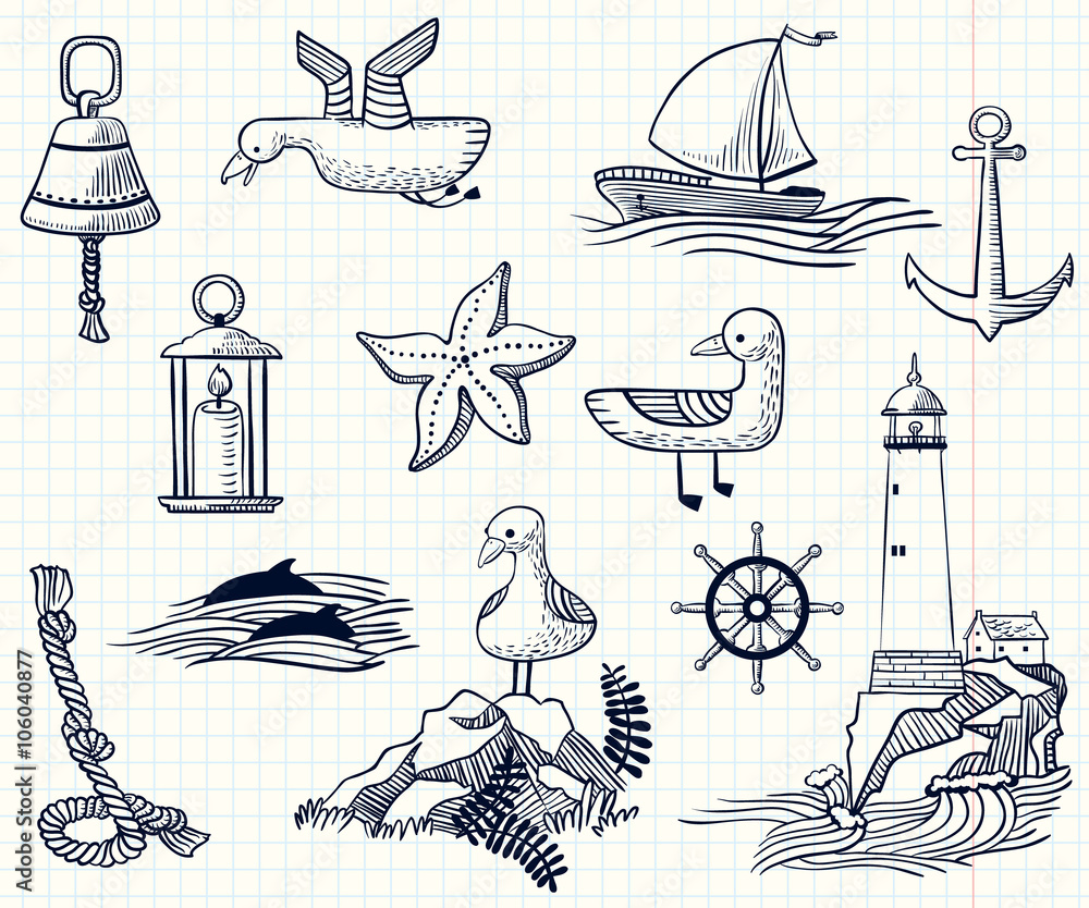 Naklejka premium nautical doole hand-drawn vector objects