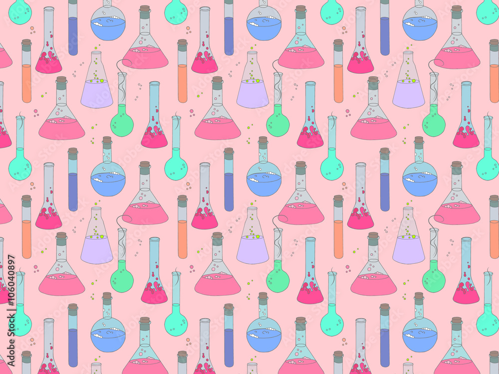 Colorful vector background with chemical glassware in hand drawn style. Colorful  background with magic potions.