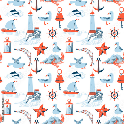 marine vector seamless background with lighthouse and seagulls