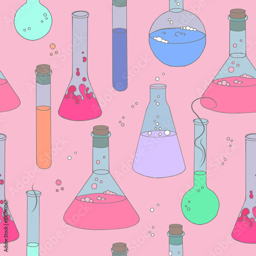 Colorful seamless vector pattern with chemical glassware in hand drawn style. Colorful  background with magic potions.