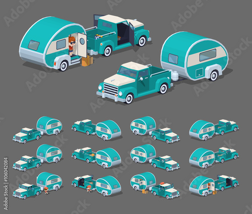 Turquoise retro pickup with trailer house. 3D lowpoly isometric vector illustration. The set of objects isolated against the grey background and shown from different sides